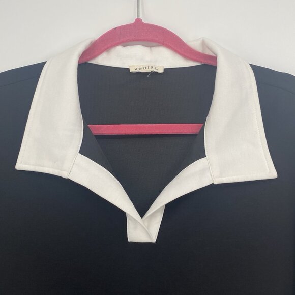 JODIFL Size Large Black Collar Trim Polo Short Sleeve V-Neck Rayon Blend - Picture 6 of 11